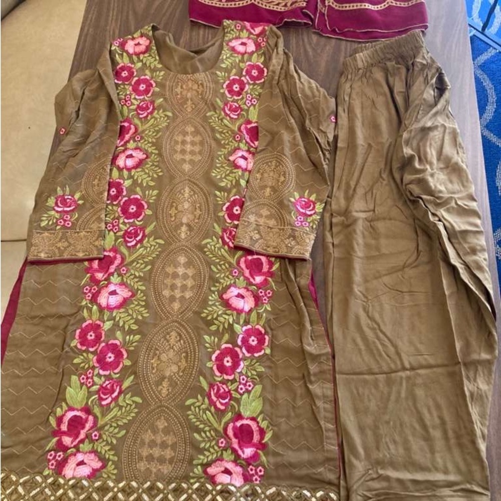 Embroidered Olive Green Salwar Kameez with Pink Floral Accents